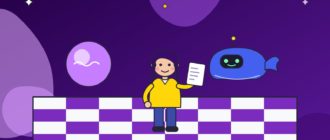 Два помощника на большой шахматной доске, фиолетовый светящийся шар и синий робот-кит, между ними девушка-судья с блокнотом
