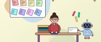 Студентка за столом с книгами, робот-библиотекарь подаёт ей светящиеся закладки, на стене план работы из цветных стикеров
